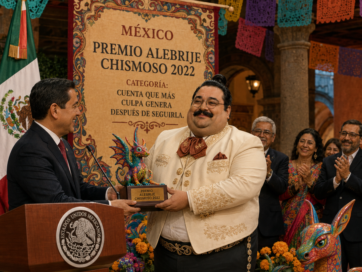 Aceptando el Premio Alebrije Chismoso en México