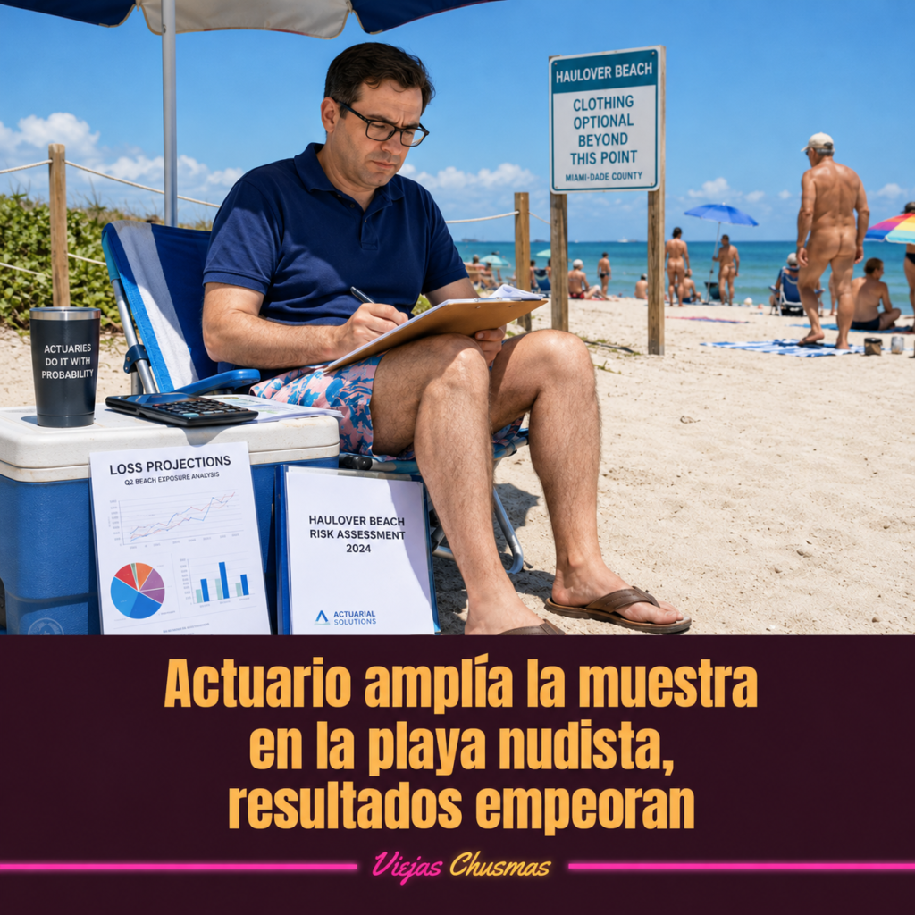 Actuario tomando notas en una playa nudista