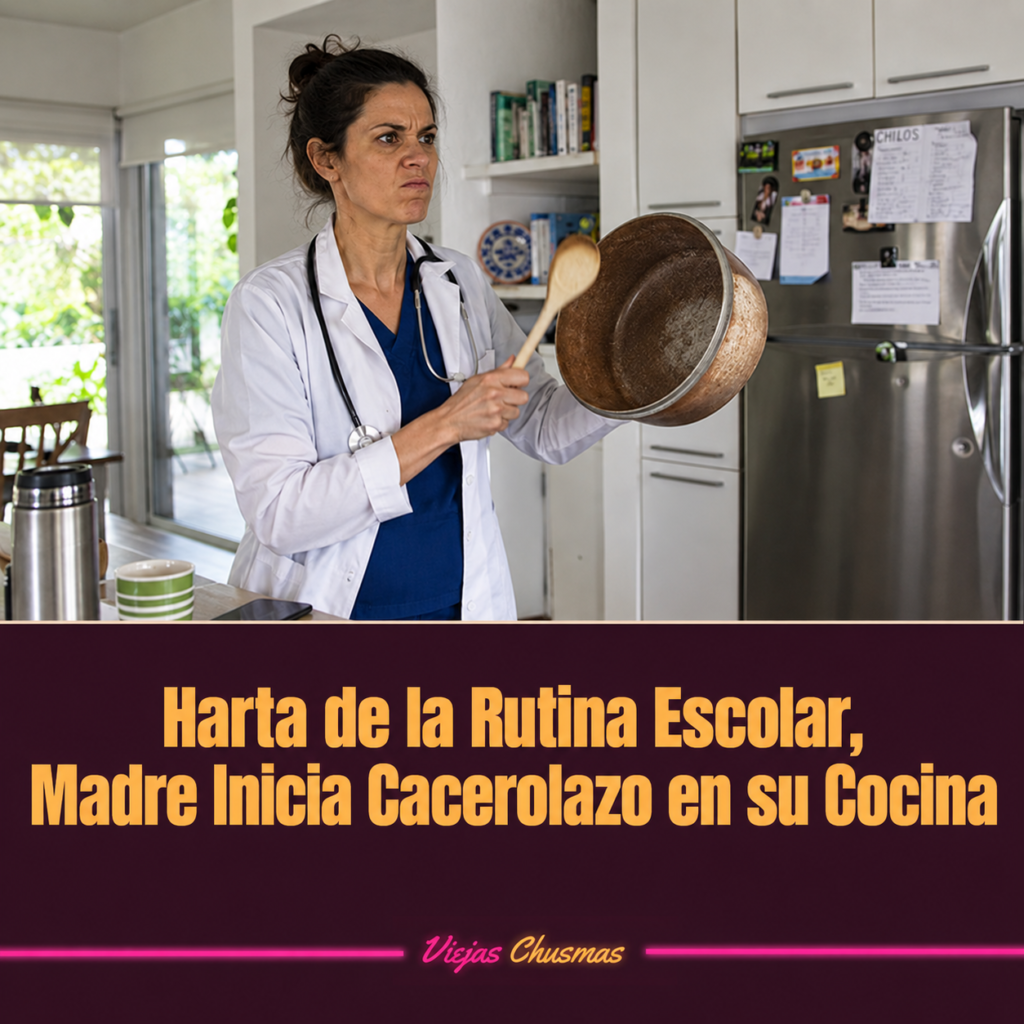 Madre haciendo un cacerolazo en la cocina antes de llevar a sus hijos a la escuela