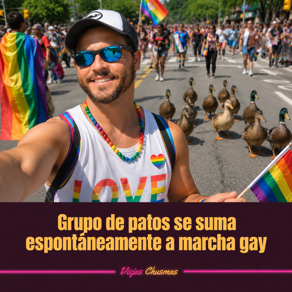 Grupo de patos caminando junto a una marcha del orgullo