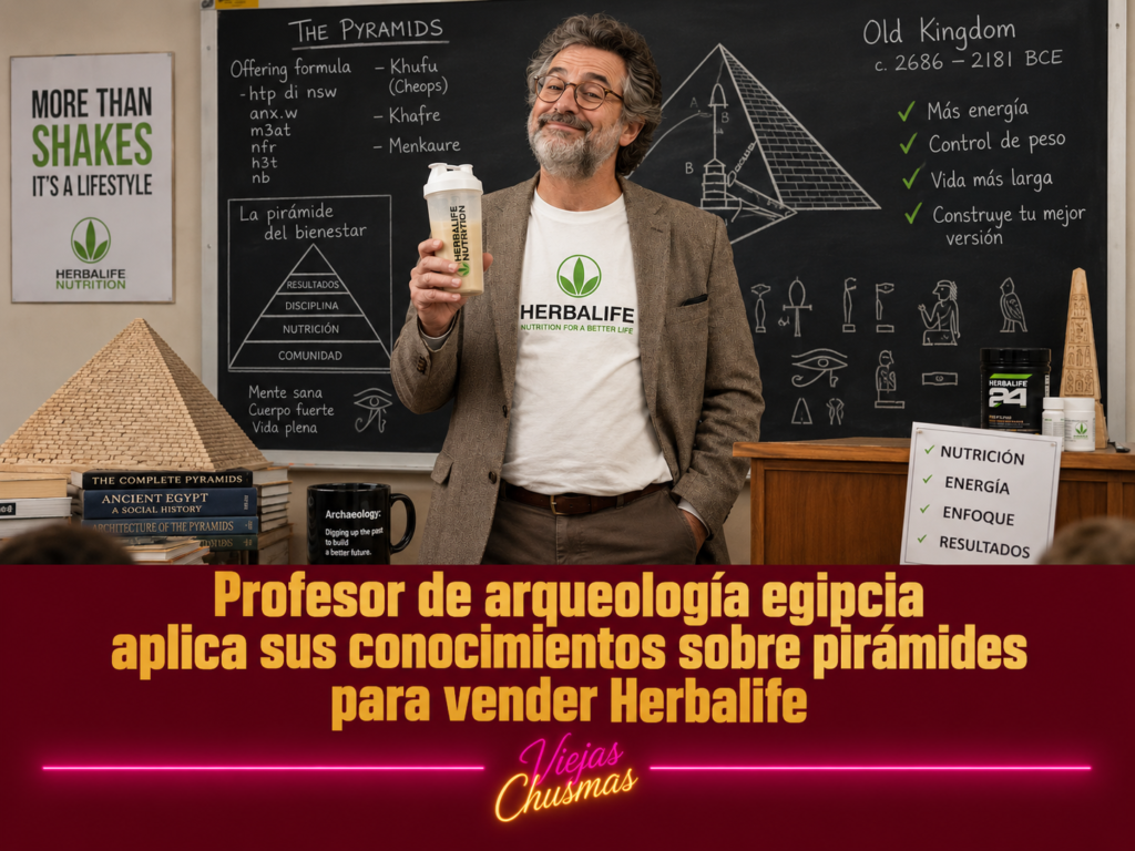 Profesor de arqueología egipcia explicando una pirámide mientras vende Herbalife