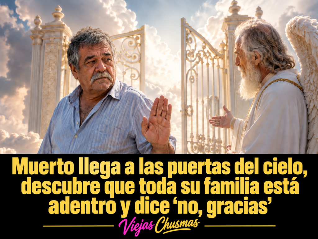 Hombre llegando a las puertas del cielo y encontrándose con toda su familia