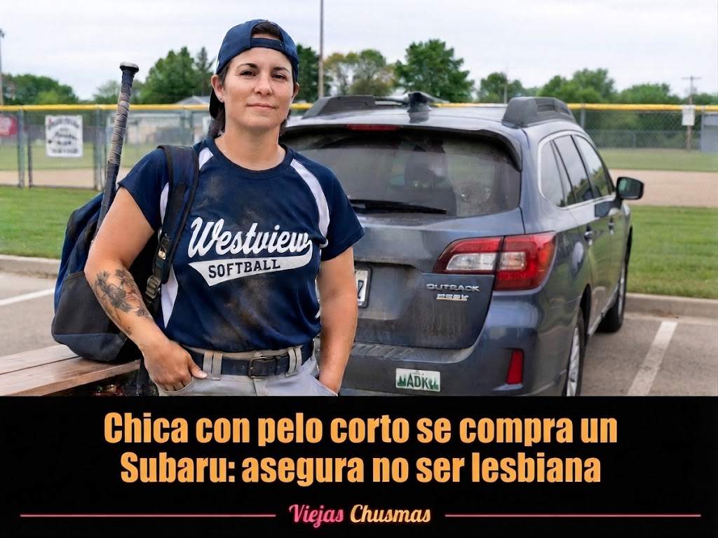 Mujer de pelo corto junto a una Subaru Outback