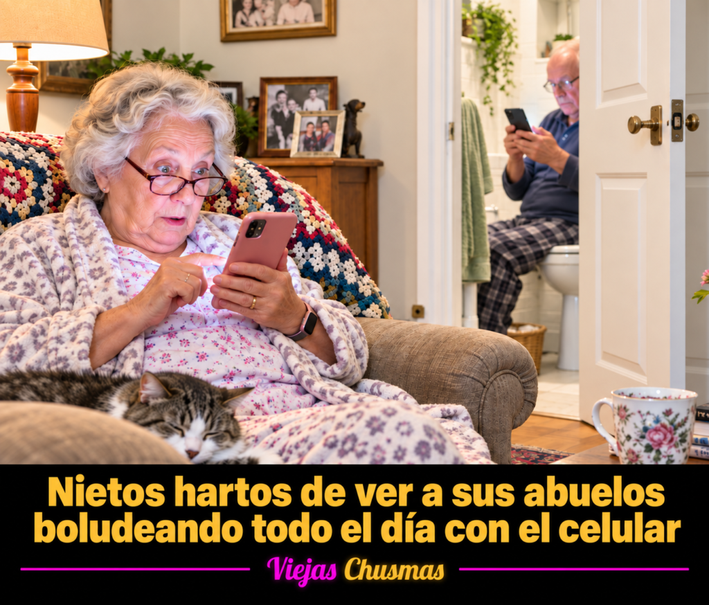 Abuelos mirando el celular mientras sus nietos los observan