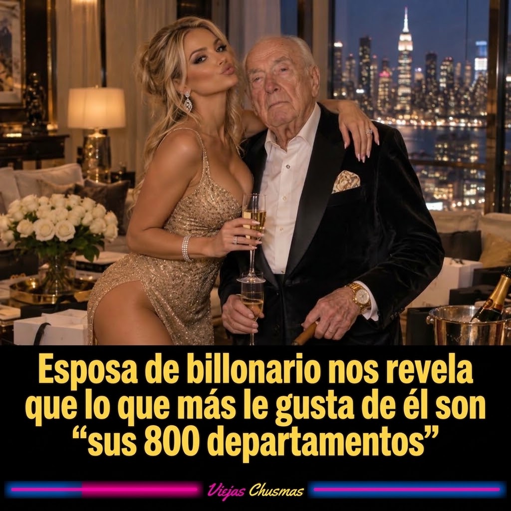 Mujer junto a su esposo multimillonario rodeados de edificios de departamentos