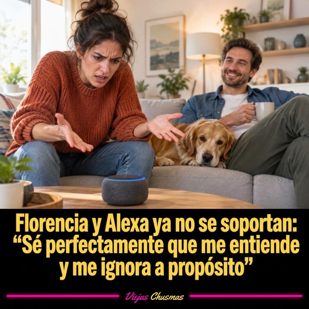 Mujer discutiendo con un parlante Alexa en su casa