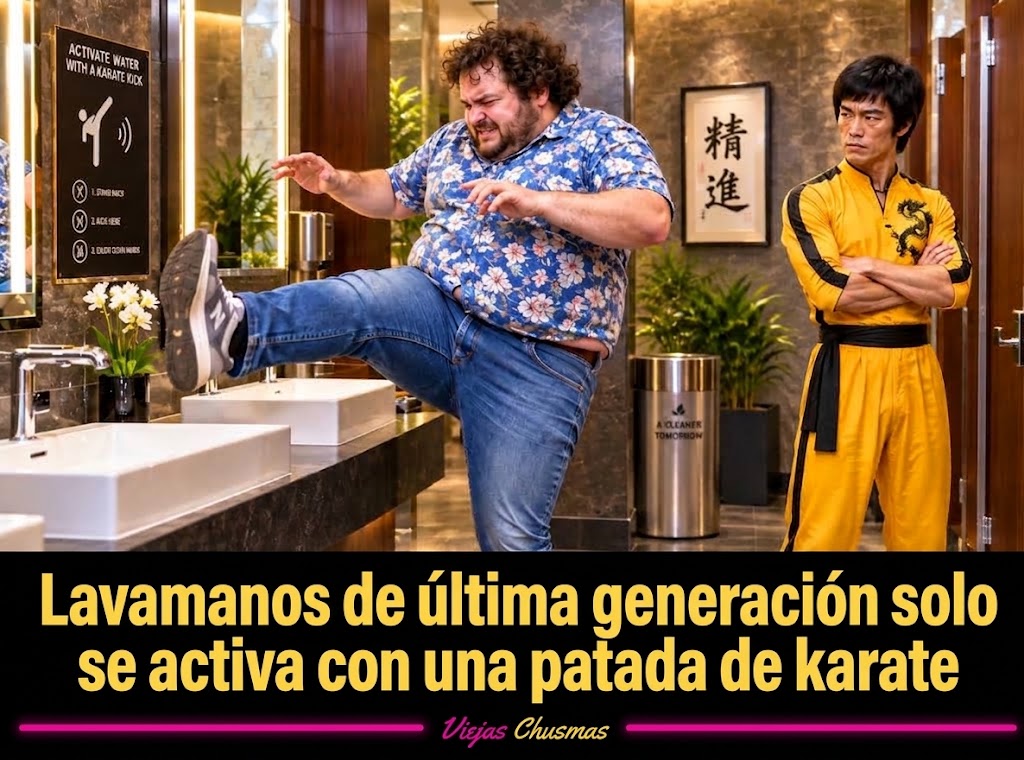 Persona intentando activar un lavamanos automático con una patada de karate