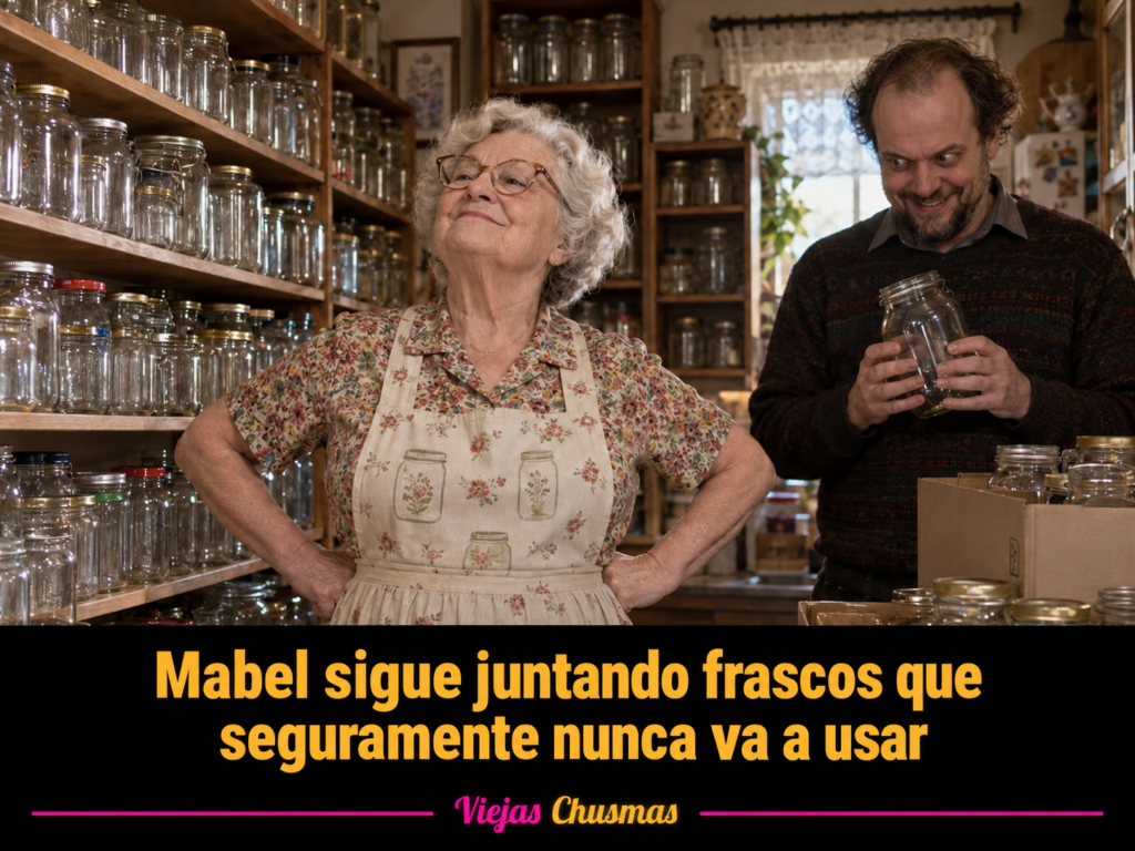 Mujer guardando muchos frascos de vidrio en la cocina