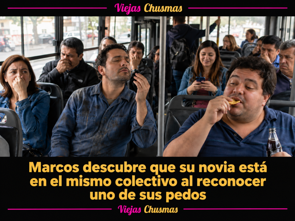 Pareja viajando en colectivo en una situación incómoda