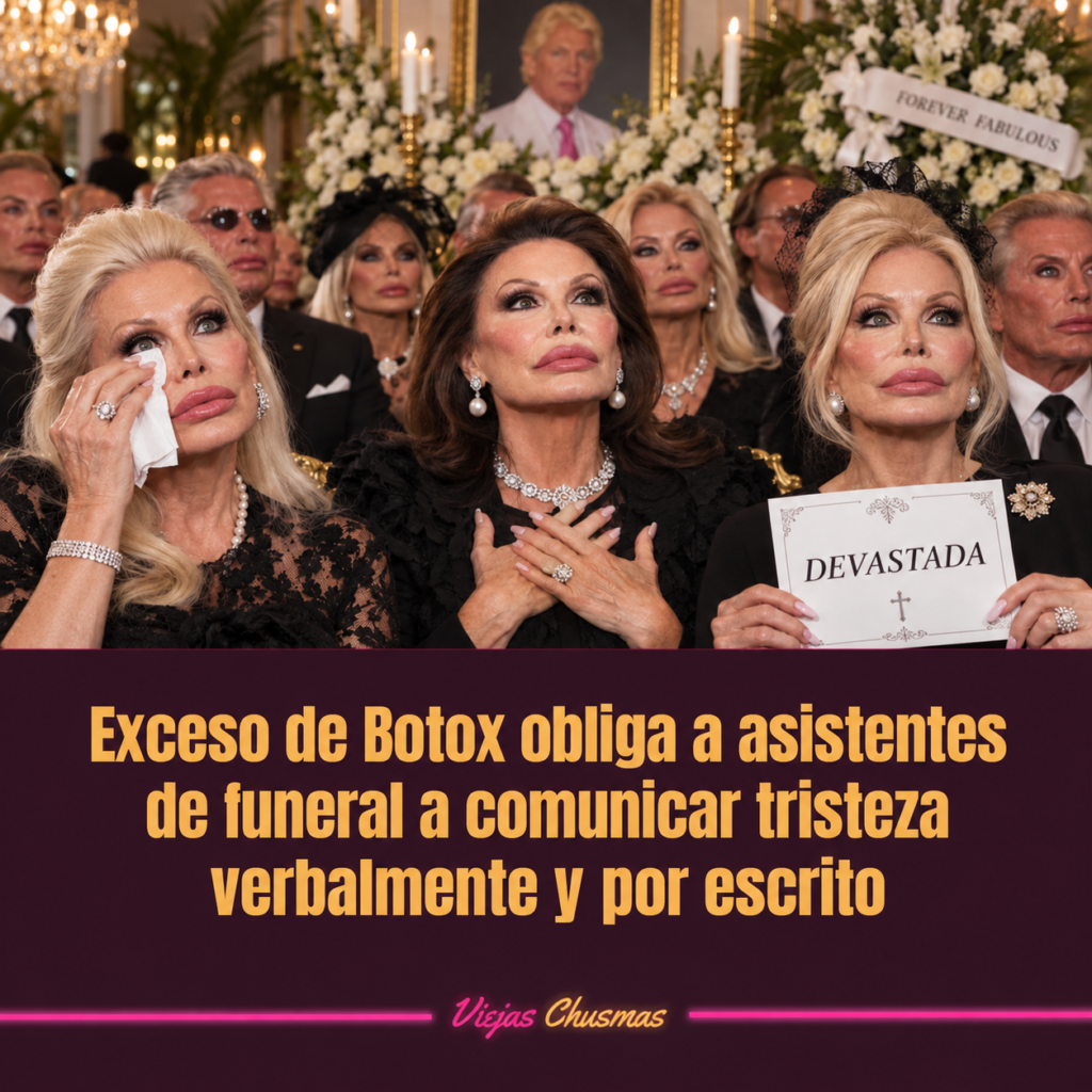 Asistentes de funeral con exceso de Botox intentando expresar tristeza