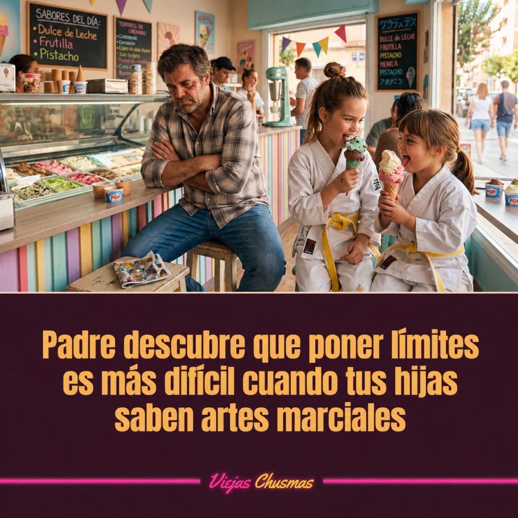 Padre hablando con sus hijas que practican artes marciales
