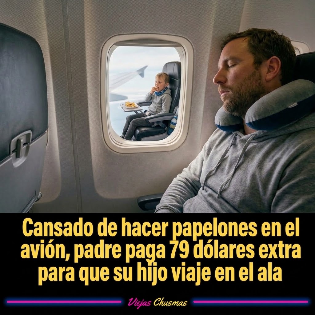 Padre viajando en avión mientras su hijo va sentado sobre el ala