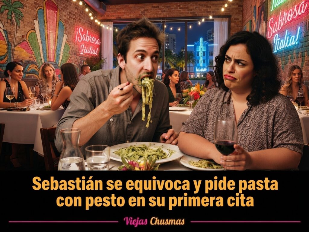 Sebastián comiendo pasta con pesto durante una primera cita