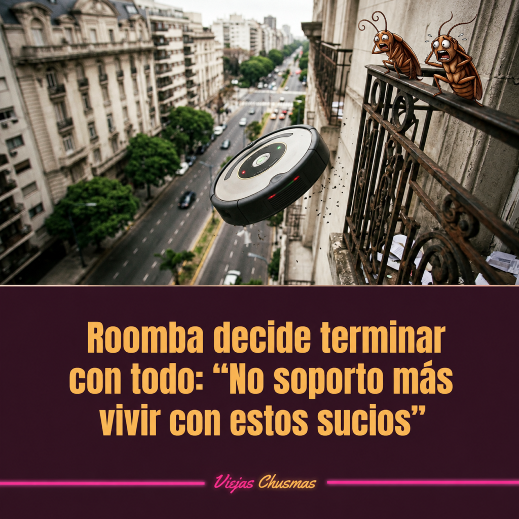 Roomba en una casa desordenada cansado de limpiar