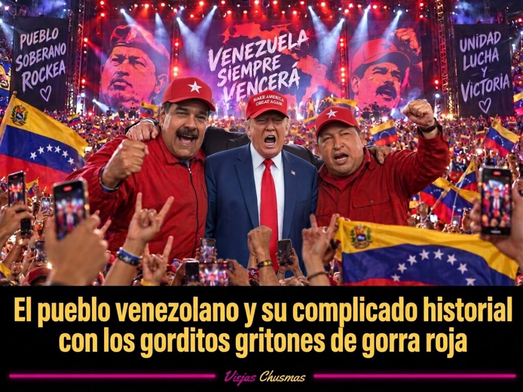 Líder político con gorra roja frente al pueblo venezolano