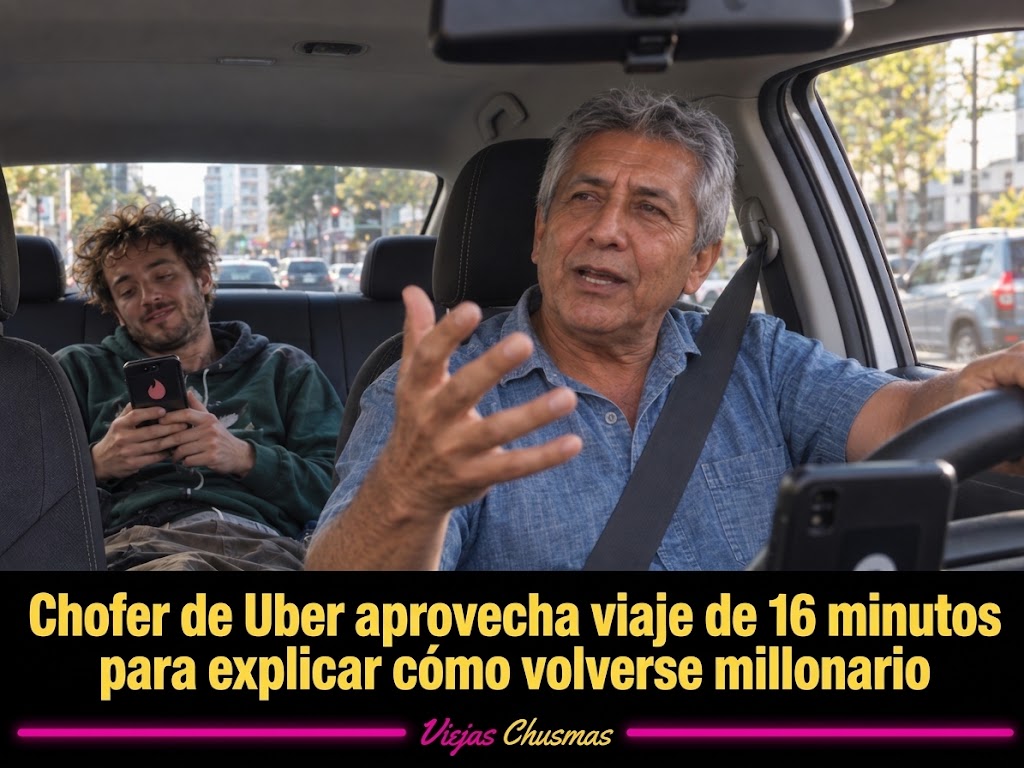 Chofer de Uber explicando cómo hacerse millonario a un pasajero
