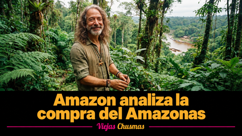 Jeff Bezos hippie con pelo largo en el Amazonas