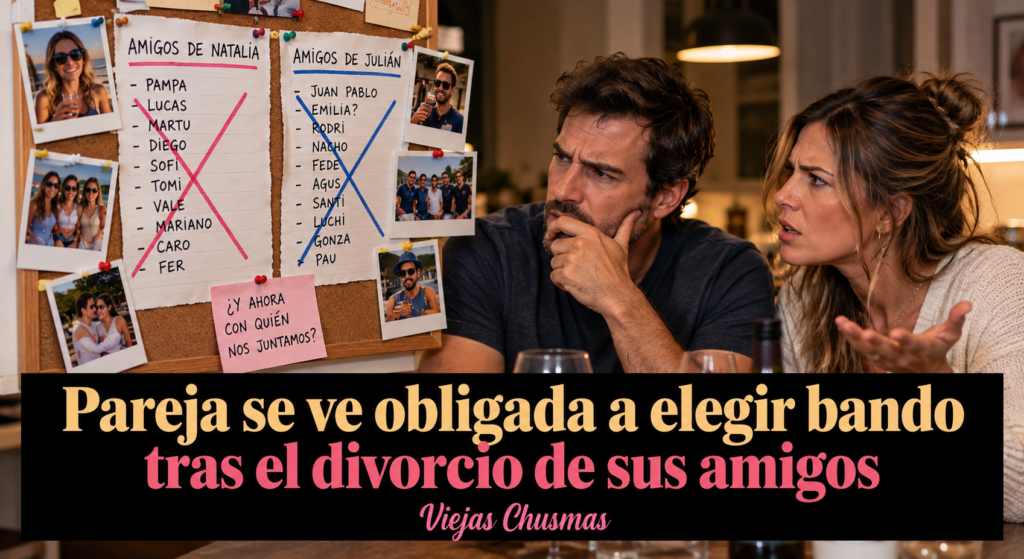 Pareja discutiendo qué bando elegir tras el divorcio de sus amigos