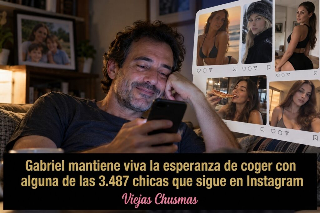 Gabriel mirando en su celular a las chicas que sigue en Instagram